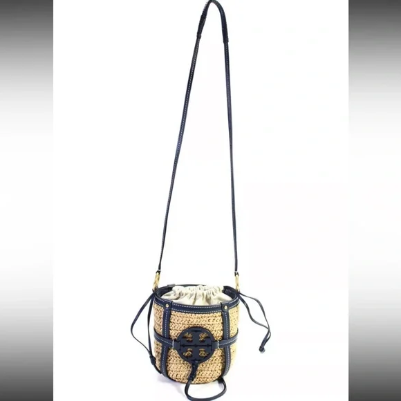 Tory Burch Leather Trim Basket Weave Drawstring Bucket Bag Blue - Picture 9 of 12